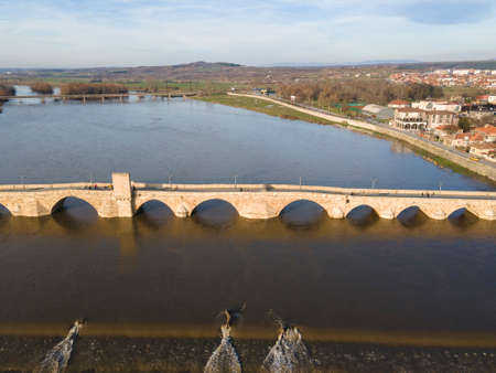 Aerial view of Sixteenth century Mustafa Pasha Bridge (Old Bridge) over Maritsa river in town of Svilengrad, Haskovo Region, Bulgariaの写真素材