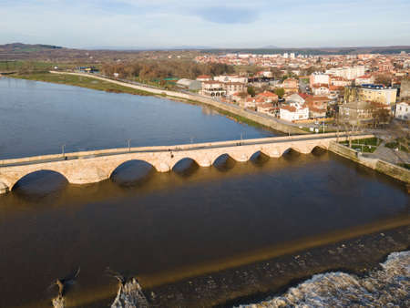 Aerial view of Sixteenth century Mustafa Pasha Bridge (Old Bridge) over Maritsa river in town of Svilengrad, Haskovo Region, Bulgariaの写真素材