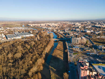 Amazing Aerial view of Maritsa river and panorama to City of Plovdiv, Bulgariaのeditorial素材