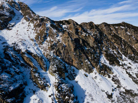Amazing Aerial winter landscape of Rila Mountain near Malyovitsa peak, Bulgariaの写真素材