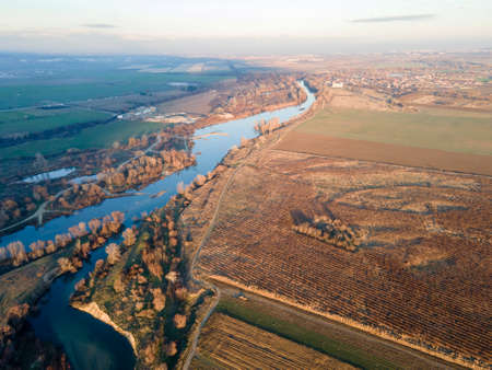 Aerial view of Vacha River, pouring into the Maritsa River near city of Plovdiv, Bulgariaの写真素材