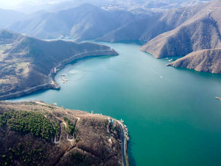 Aerial view of Vacha (Antonivanovtsi) Reservoir, Rhodope Mountains, Plovdiv Region, Bulgaria