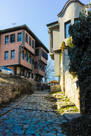 PLOVDIV, BULGARIA - JANUARY 2, 2022:  Street and Nineteenth Century Houses in architectural and historical reserve The old town in city of Plovdiv, Bulgariaのeditorial素材