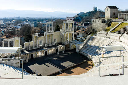 PLOVDIV, BULGARIA - JANUARY 2, 2022: Ruins of Ancient Roman theatre of Philippopolis in city of...