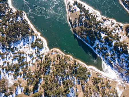 Aerial view of Dospat Reservoir, Smolyan Region, Bulgariaのeditorial素材