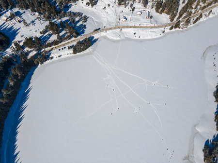 Aerial winter view of Beglika Reservoir covered with ice, Pazardzhik Region, Bulgariaの写真素材