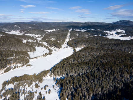 Aerial winter view of Beglika Reservoir covered with ice, Pazardzhik Region, Bulgariaの写真素材