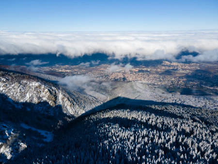 Aerial Winter view of Vitosha Mountain, Sofia City Region, Bulgariaの写真素材