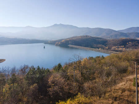 Aerial view of Srechenska Bara Reservoir, Montana Region, Bulgariaの写真素材