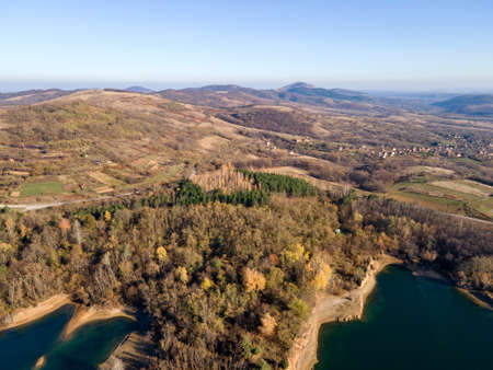 Aerial view of Srechenska Bara Reservoir, Montana Region, Bulgariaの写真素材