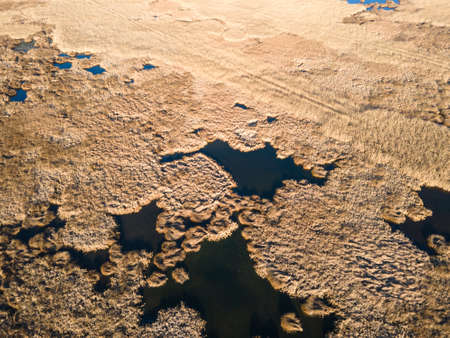 Aerial Autumn view of Dragoman marsh, Sofia region, Bulgaria