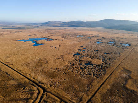 Aerial Autumn view of Dragoman marsh, Sofia region, Bulgaria