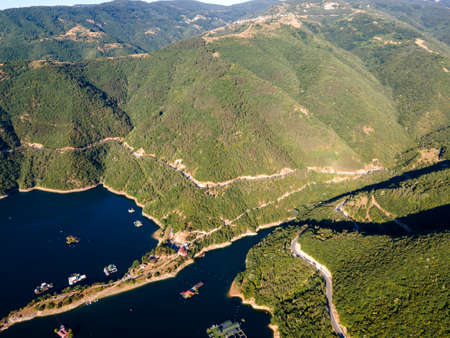Aerial view of Vacha (Antonivanovtsi) Reservoir, Rhodope Mountains, Plovdiv Region, Bulgaria