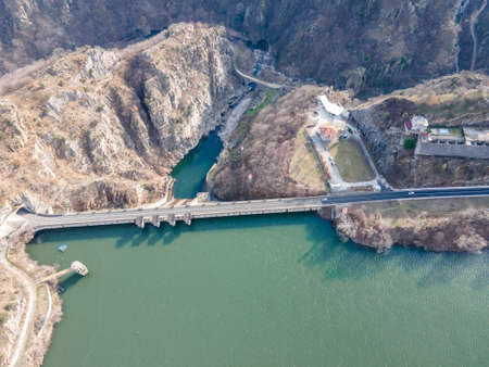 Aerial view of dam of Krichim Reservoir, Rhodopes Mountain, Plovdiv Region, Bulgaria