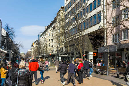 SOFIA, BULGARIA -FEBRUARY 26, 2022: Walking people on Boulevard Vitosha in city of Sofia, Bulgariaのeditorial素材