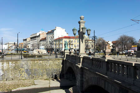 SOFIA, BULGARIA - FEBRUARY 25, 2022: Panorama of Lion's Bridge over Vladaya river, Sofia, Bulgaria