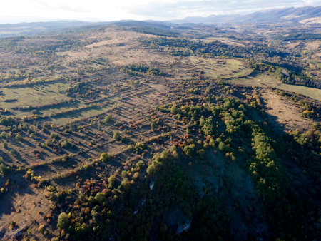 Aerial Autumn view of Nishava river gorge, Balkan Mountains, Bulgariaの写真素材