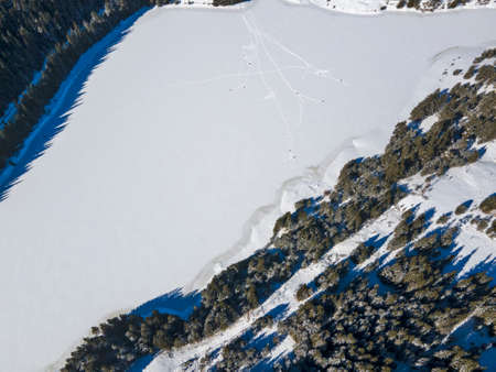 Aerial winter view of Beglika Reservoir covered with ice, Pazardzhik Region, Bulgariaの写真素材