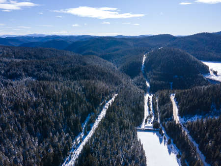 Aerial winter view of Beglika Reservoir covered with ice, Pazardzhik Region, Bulgariaの写真素材