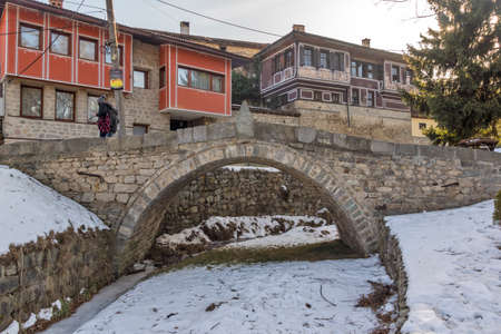 KOPRIVSHTITSA, BULGARIA - JANUARY 25, 2020: Typical Street and old houses in historical town of Koprivshtitsa, Sofia Region, Bulgariaのeditorial素材