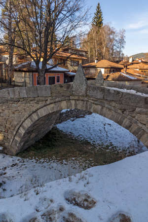 KOPRIVSHTITSA, BULGARIA - JANUARY 25, 2020: Typical Street and old houses in historical town of Koprivshtitsa, Sofia Region, Bulgariaのeditorial素材
