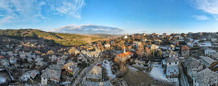 Aerial panorama of Village of Dolen with Authentic nineteenth century houses, Blagoevgrad Region, Bulgariaの写真素材