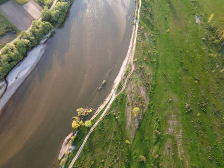 Aerial Sunset view of Struma river passing near village of Topolnitsa, Blagoevgrad region, Bulgaria