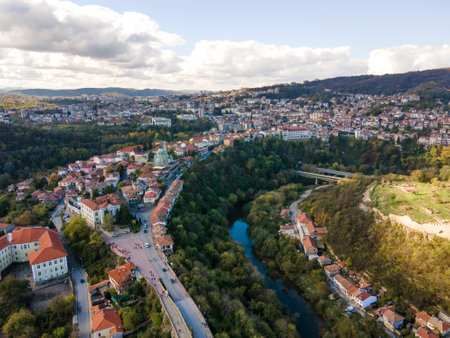 Amazing Aerial Sunset view of city of Veliko Tarnovo, Bulgariaの写真素材