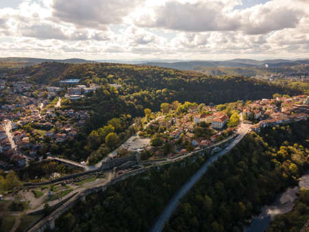 Amazing Aerial Sunset view of city of Veliko Tarnovo, Bulgaria