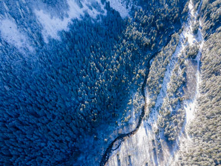 Aerial winter view of Rila Mountain near Beli Iskar river, Sofia Region, Bulgariaの写真素材