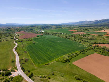Spring Aerial view of rural land near town of Godech, Sofia region, Bulgaria