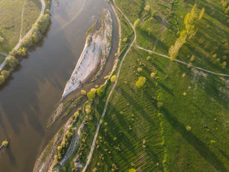 Aerial Sunset view of Struma river passing near village of Topolnitsa, Blagoevgrad region, Bulgariaの写真素材