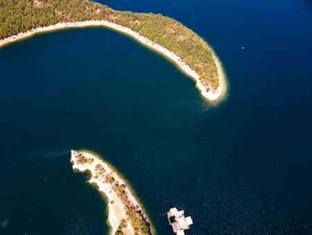 Aerial view of Vacha (Antonivanovtsi) Reservoir, Rhodope Mountains, Plovdiv Region, Bulgariaの写真素材