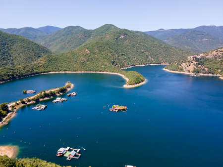Aerial view of Vacha (Antonivanovtsi) Reservoir, Rhodope Mountains, Plovdiv Region, Bulgariaの写真素材