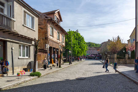 TRYAVNA, BULGARIA - MAY 3, 2021: Typical street at the center of town of Tryavna, Gabrovo region, Bulgariaのeditorial素材