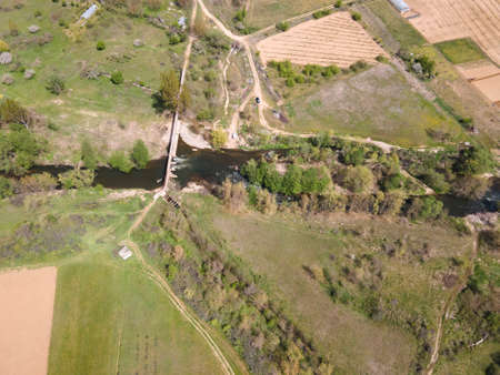 Aerial view of Strumeshnitsa river passing through the Petrich valley, Bulgaria