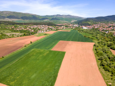 Spring Aerial view of rural land near town of Godech, Sofia region, Bulgariaの写真素材