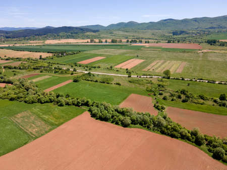 Spring Aerial view of rural land near town of Godech, Sofia region, Bulgariaの写真素材
