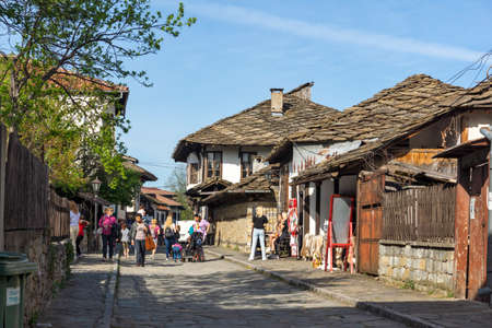 TRYAVNA, BULGARIA - MAY 1, 2021: Typical street and Nineteenth Century Houses house in Old town of Tryavna, Gabrovo region, Bulgariaのeditorial素材