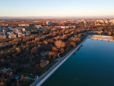 Aerial sunset view of Rowing Venue in city of Plovdiv, Bulgariaの写真素材