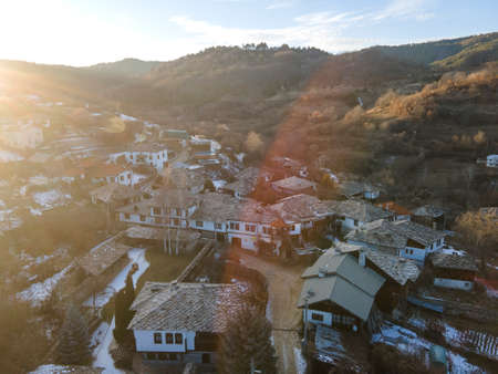 Aerial view of Village of Dolen with Authentic nineteenth century houses, Blagoevgrad Region, Bulgariaの写真素材