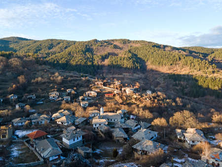 Aerial view of Village of Dolen with Authentic nineteenth century houses, Blagoevgrad Region, Bulgariaの写真素材
