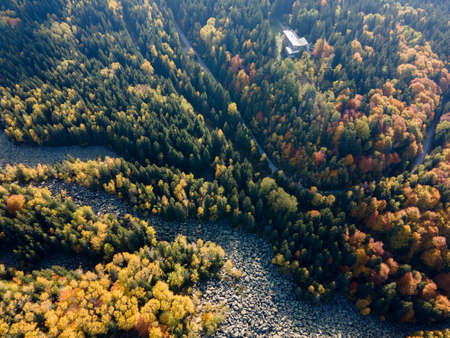 Aerial autumn view of Stone river know as Zlatnite Mostove (Golden Bridges) at Vitosha Mountain, Sofia City Region, Bulgariaの写真素材