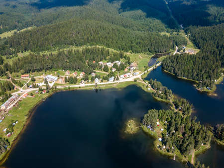 Amazing Aerial view of Shiroka polyana (Wide meadow) Reservoir, Pazardzhik Region, Bulgariaの写真素材