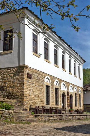 Typical street and old houses at historical village of Bozhentsi, Gabrovo region, Bulgariaのeditorial素材
