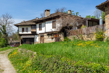 Typical street and old houses at historical village of Bozhentsi, Gabrovo region, Bulgariaのeditorial素材