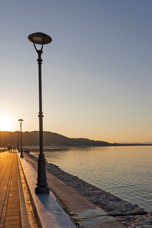 GOLUBAC, SERBIA - AUGUST 11, 2019: Amazing Sunset landscape of Danube River passing through a town of Golubac, Serbiaのeditorial素材