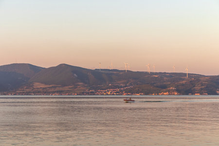 GOLUBAC, SERBIA - AUGUST 11, 2019: Amazing Sunset landscape of Danube River passing through a town...