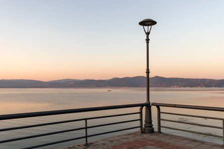 GOLUBAC, SERBIA - AUGUST 11, 2019: Amazing Sunset landscape of Danube River passing through a town of Golubac, Serbiaのeditorial素材