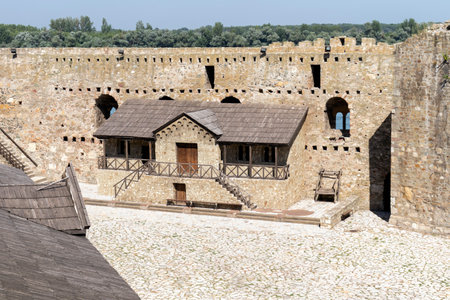 SMEDEREVO, SERBIA - AUGUST 12, 2019: Ruins of Fortress at the coast of the Danube River in town of Smederevo, Serbiaのeditorial素材